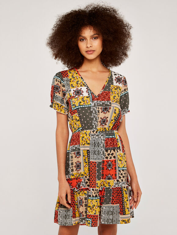 Patchwork Paisley Dress, Orange, large