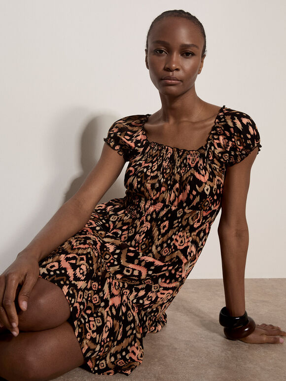 Colourful Ikat Milkmaid Mini Dress, Peach, large