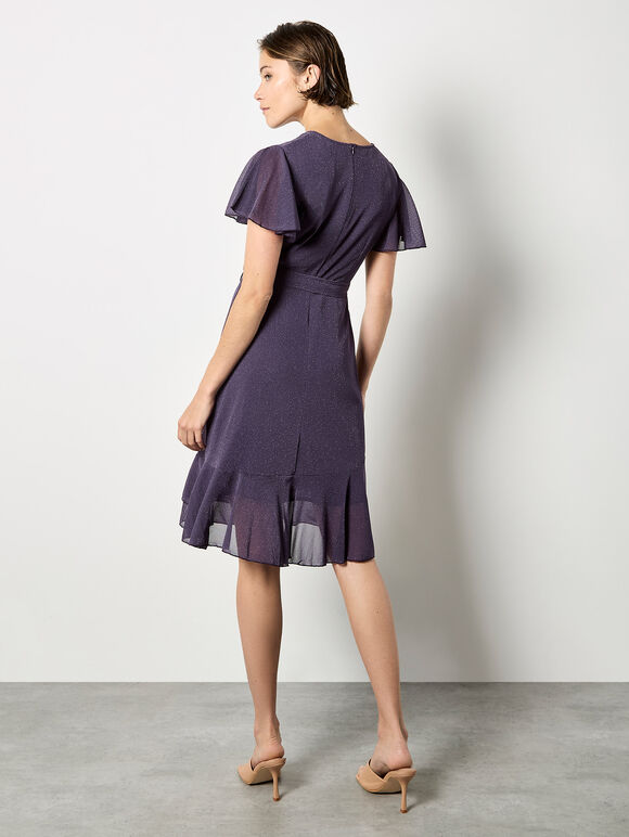 Sparkle Wrap Ruffle Mini Dress, Purple, large