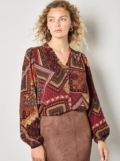 Patchwork Print Ruffle Blouse