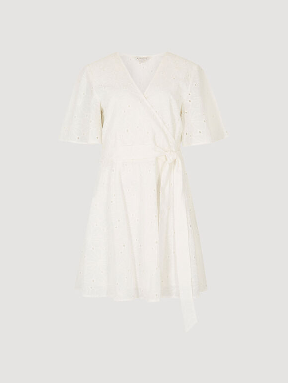 Mini robe portefeuille en broderie kimono, blanc, grand