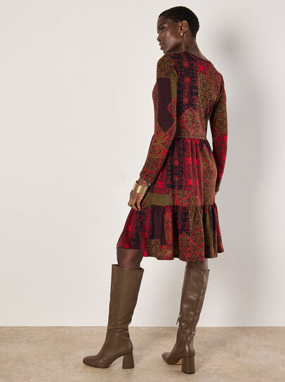 Folk Patchwork Jersey Knit Mini Dress