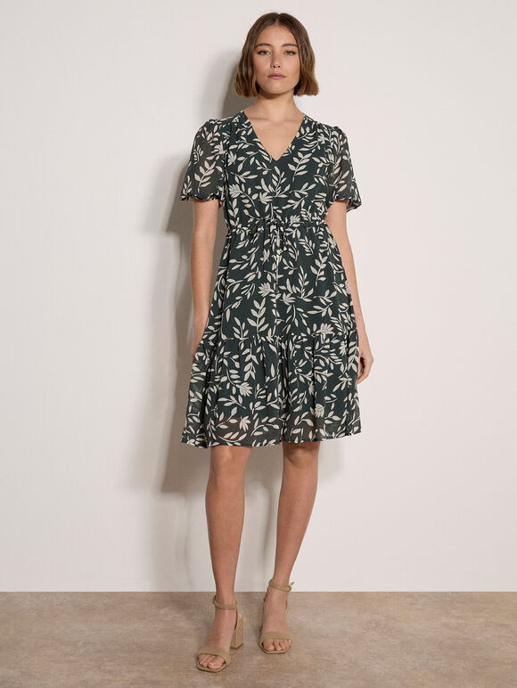 Silhouette Leaf Drawstring Mini Dress, Green, large