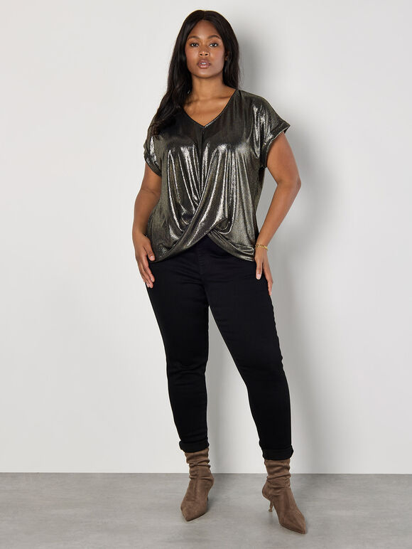 Curve Metallic Foil Twist Hem Top, Yellow, large