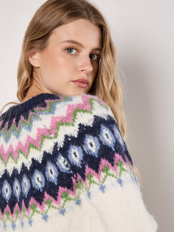 Chunky Knit Fair Isle Jumper, White, large