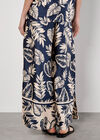 Tropical Leaf Print Satin Wide Leg Trousers, Navy, large