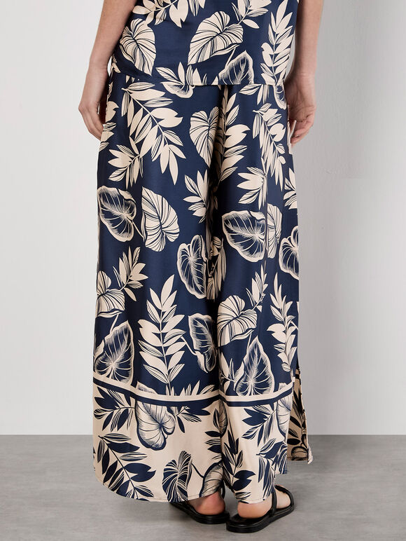 Tropical Leaf Print Satin Wide Leg Trousers, Navy, large