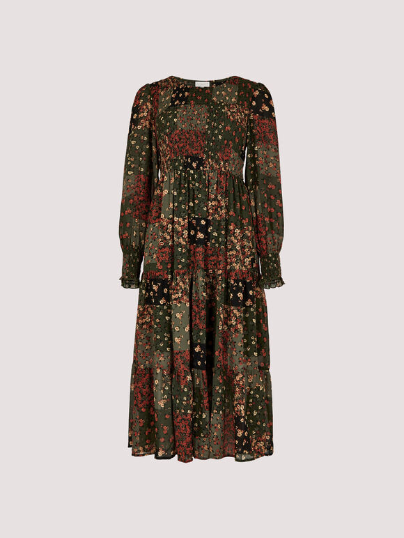 Patchwork Ditsy Midi Dress, Green, large