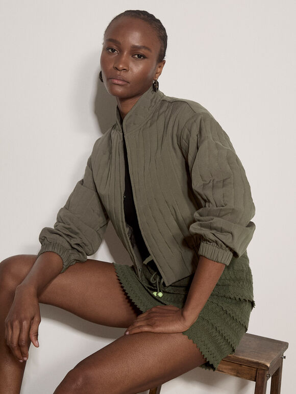 Quilted Cropped Jacket, Khaki, large