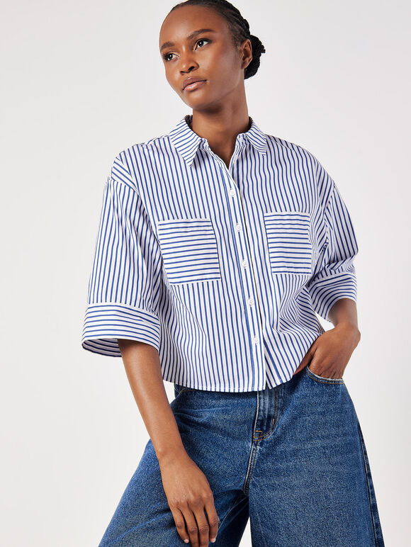 Cotton Blend Cropped Stripe Shirt, White, large