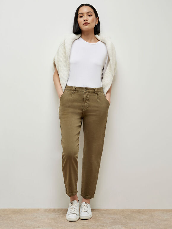 Chino-Mom-Jeans mit mittelhohem Bund, Khaki, Größe L