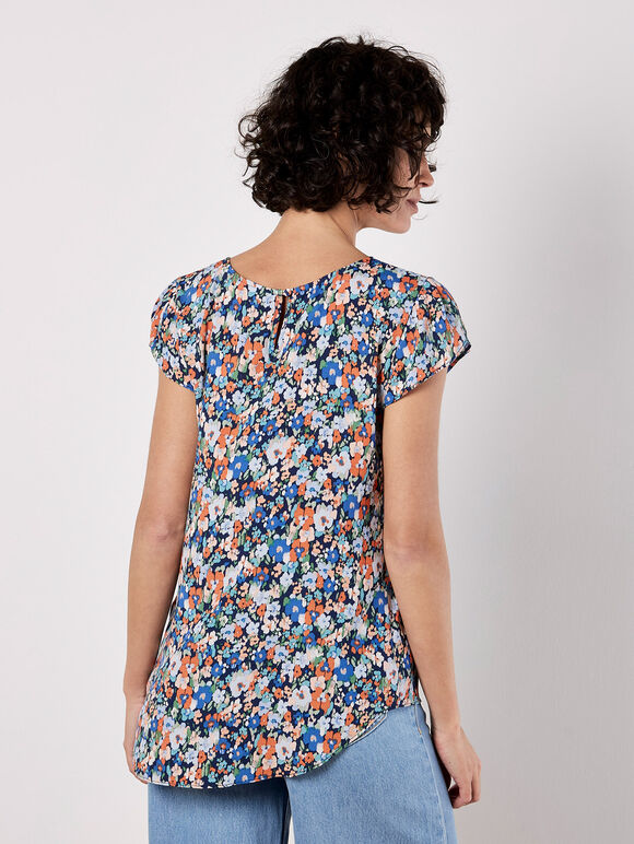 Ditsy Floral Tulip Sleeve Top, Navy, large