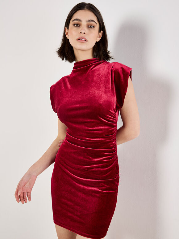 Ruched Velvet Bodycon Mini Dress, Red, large