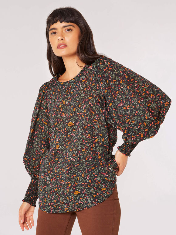 Ditsy Floral Balloon Sleeve Top, Black, large