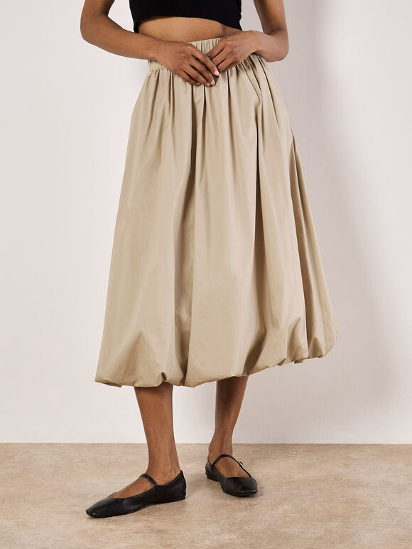 Puff Hem Midi Skirt, Stone, large