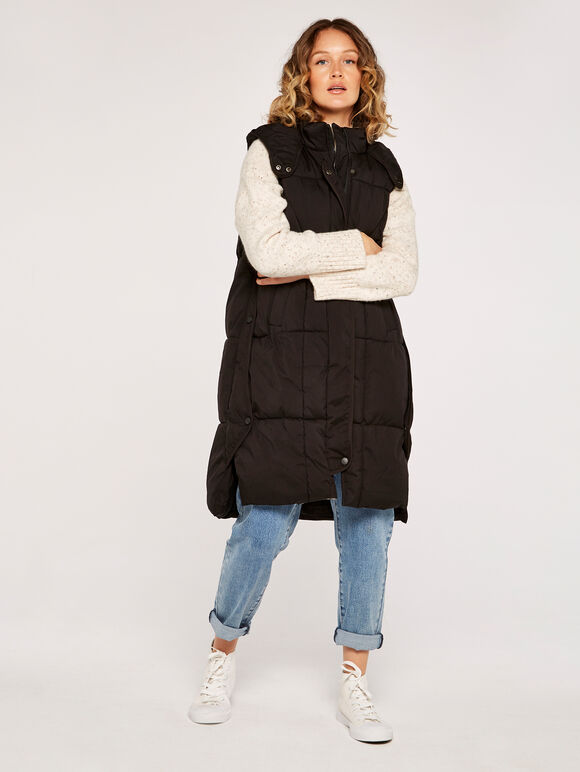 Button Longline Puffer Gilet, Black, large
