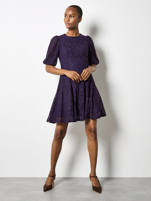 Floral Lace Skater Mini Dress, Purple, large
