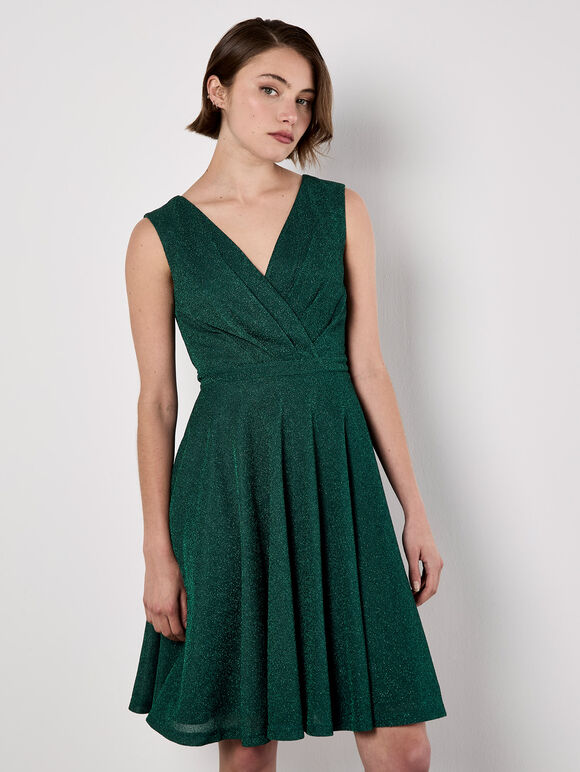 Metallic Pleat Skater Mini Dress, Green, large