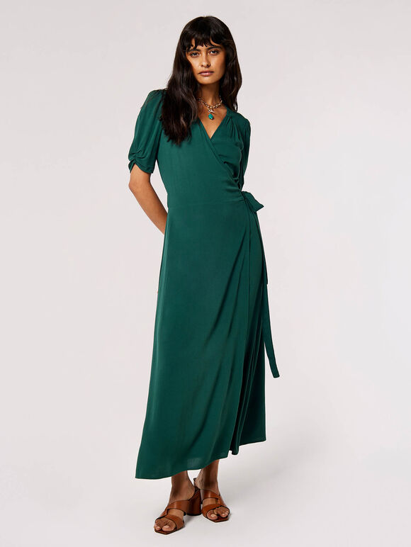 Puff Sleeve Wrap Maxi Dress, Green, large