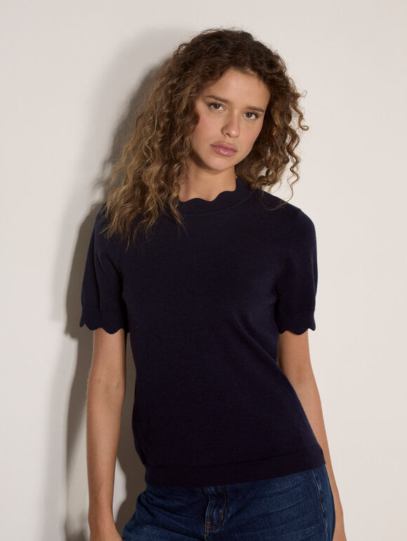 Scallop Knitted T-Shirt, Navy, large