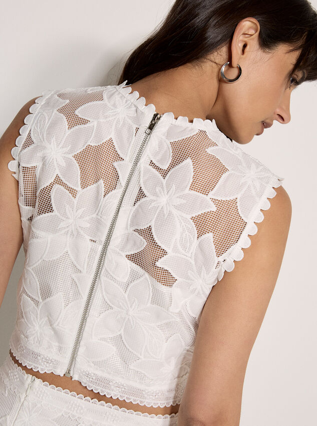 Floral Mesh Lace Crop Top, White, large