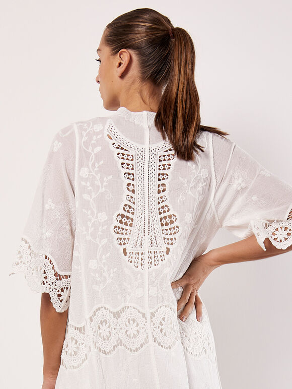 Cotton Blend Lace Longline Cover Up, White, large