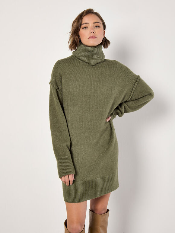 Exposed Seam Jumper Mini Dress, Khaki, large