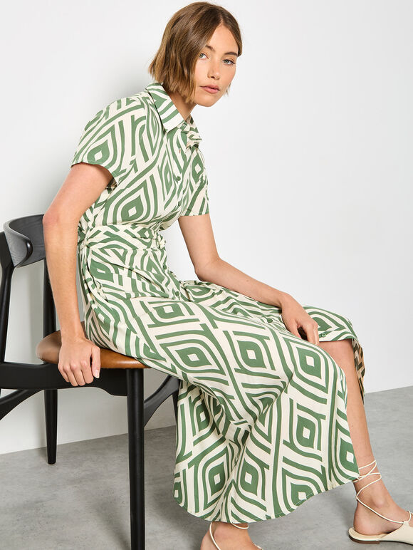 Geo Print Shirt Midi Dress, Green, large