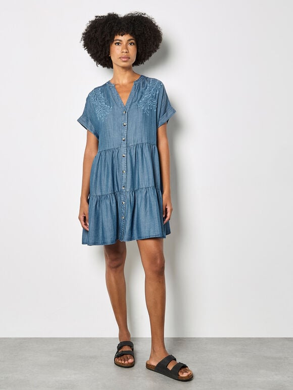 Embroidered Denim Tiered Mini Dress, Blue, large