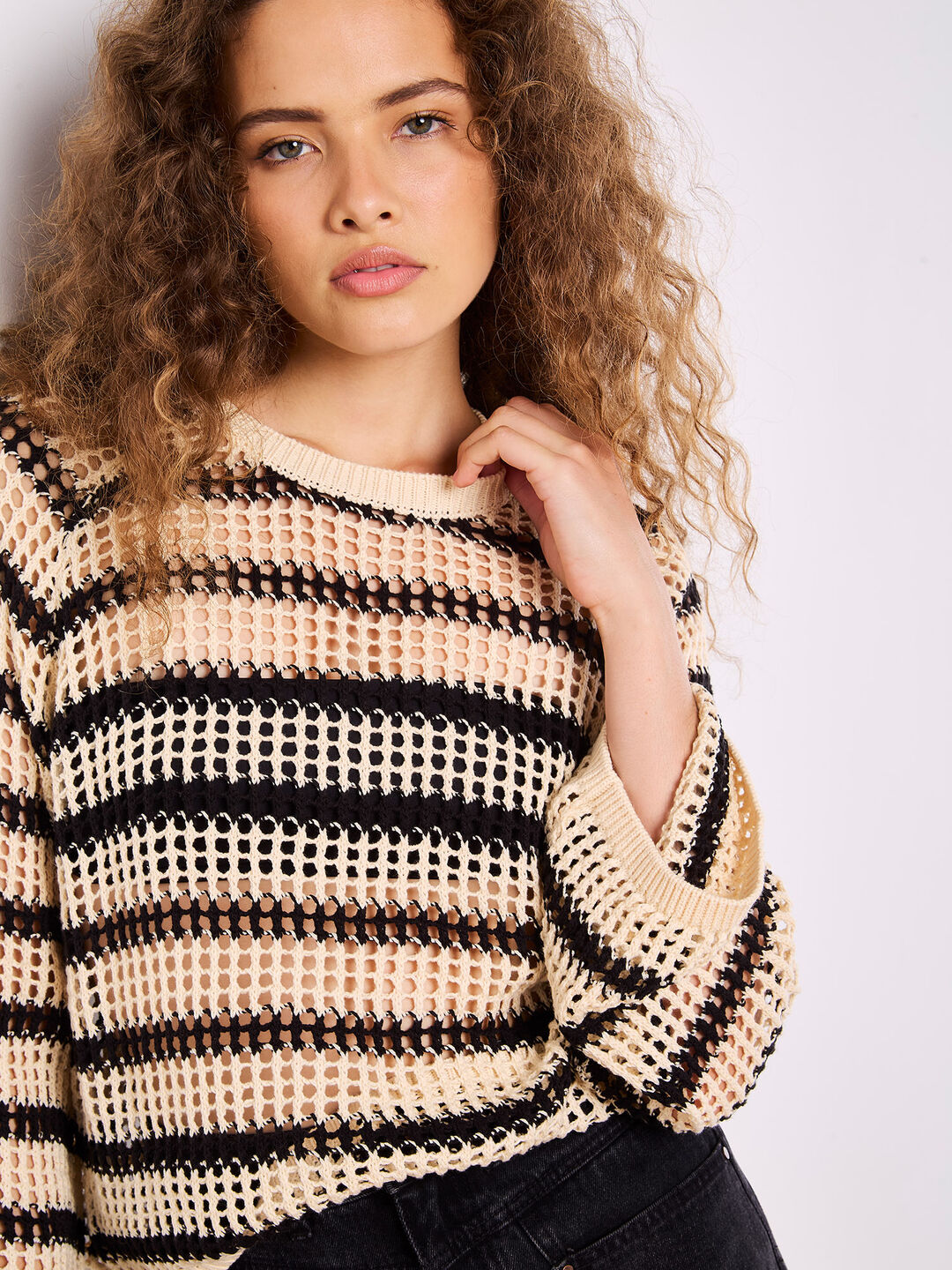 Stripe Mesh Knit Bell Sleeve Jumper