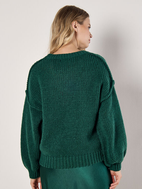 Applique Flower Chunky Knit Jumper, Green, large