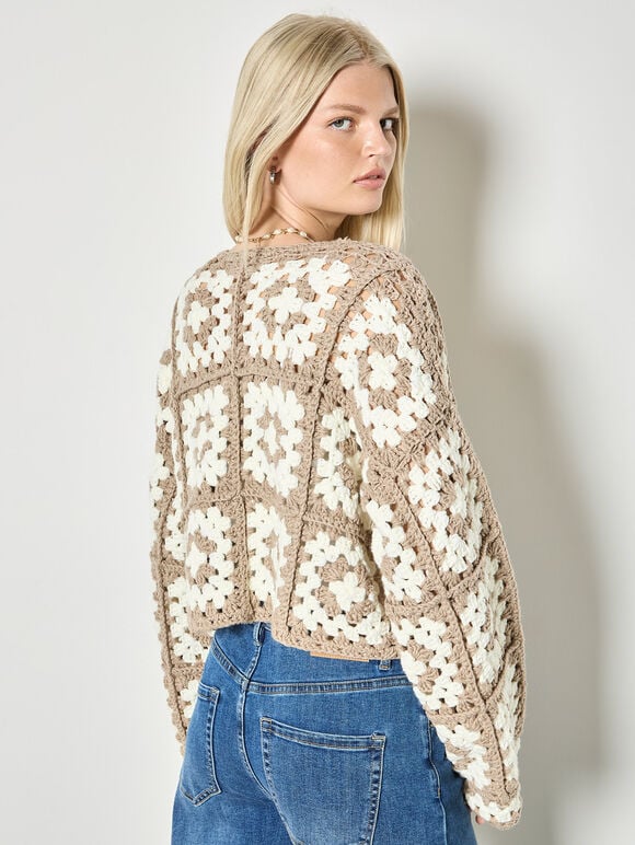Hand-Knit Crochet Squares Cardigan, Brown, large