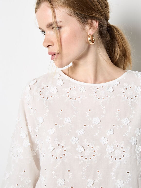 Flower Bell Sleeve Top, White, large