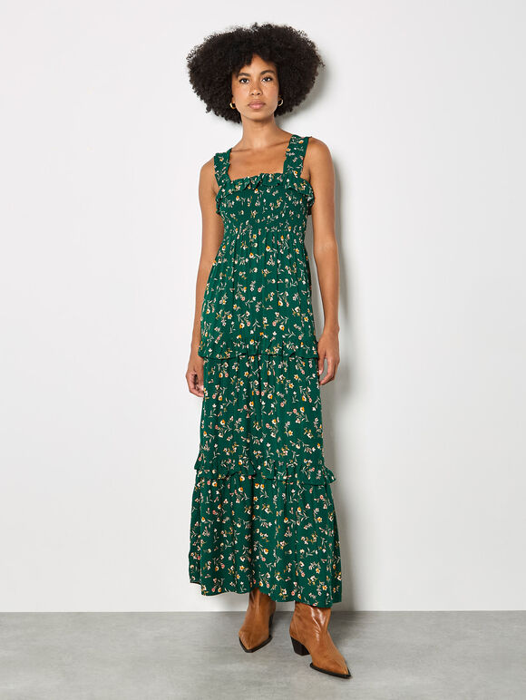 Ditsy Floral Smocked Maxi Dress, Green, large