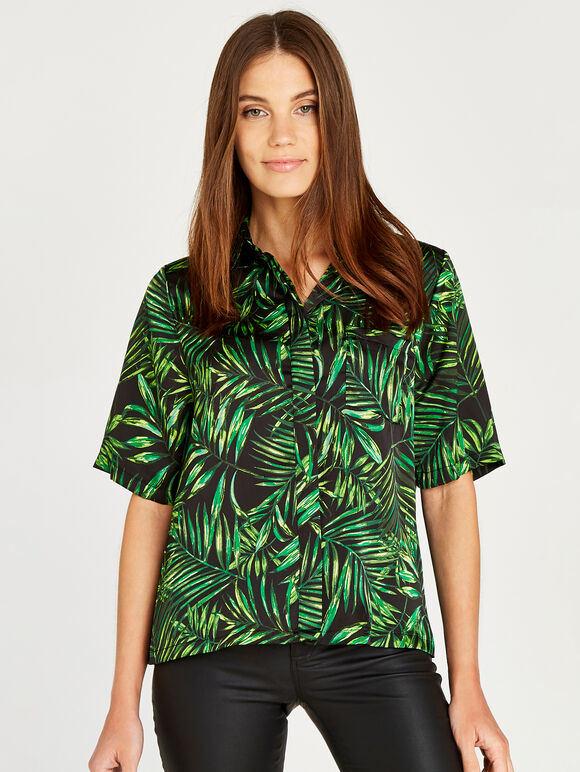 Chemise carrée en crêpe à feuilles tropicales, noir, grand
