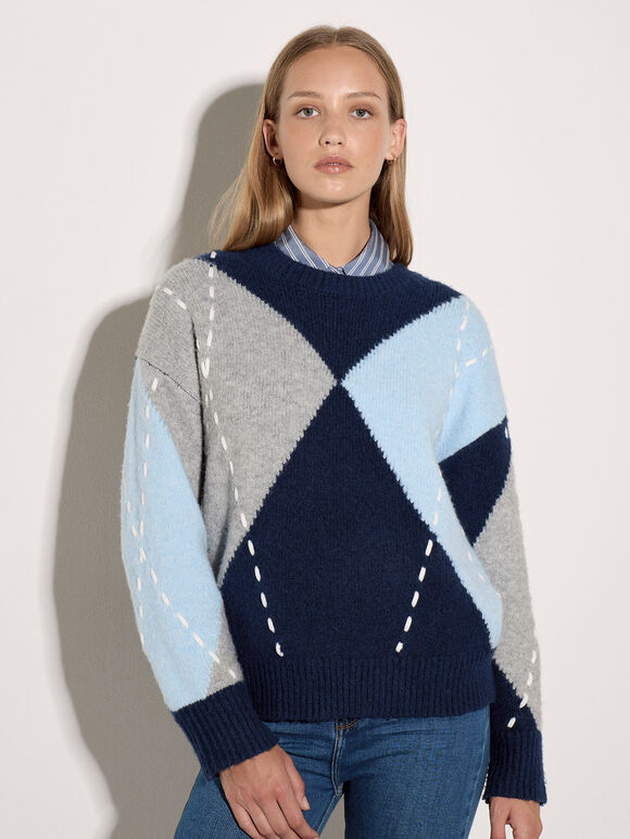 Argyle Diamond Colour Block Jumper, Navy, large