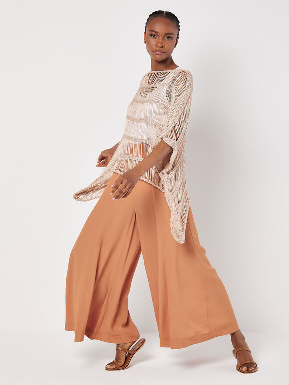 Open Knit Cotton Blend Poncho, Stone, large