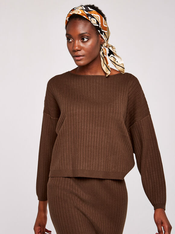Vertical Rib Slash Neck Jumper, Brown, large