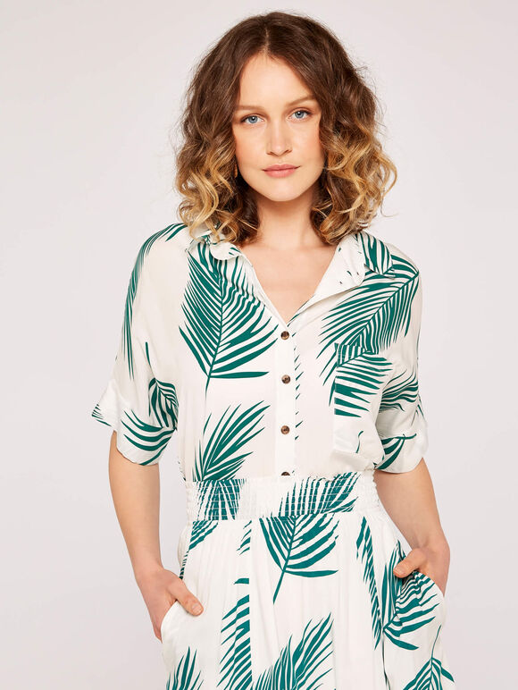Palm Print Cropped Shirt, White, large