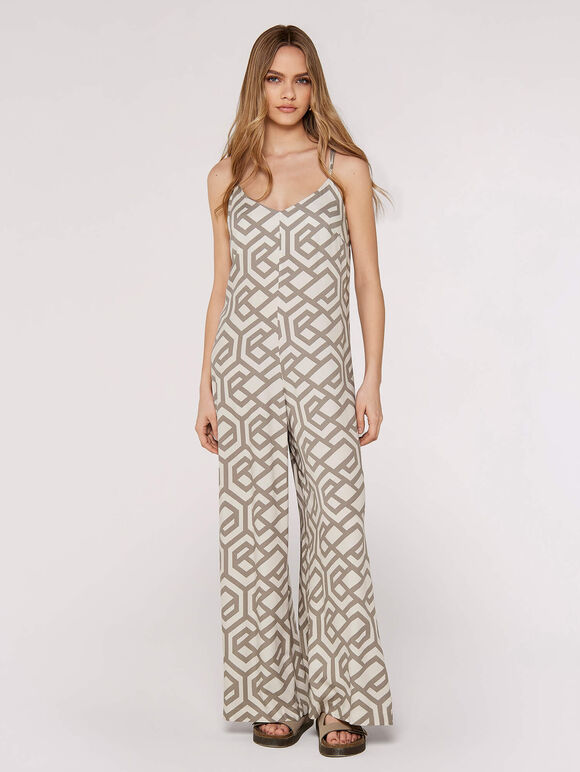 Retro Geo Print Jumpsuit, Stone, large