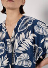 Tropical Leaf Print Satin T-Shirt, Navy, large