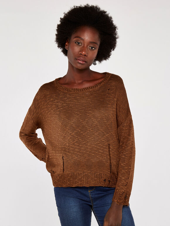 Distressed Slub Knit Jumper, Rust, large