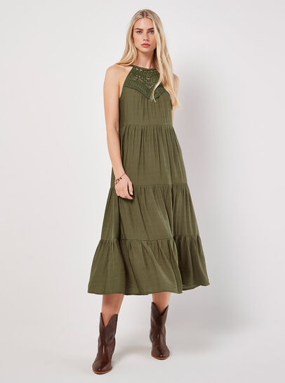Lace Halter Neck Tiered Midi Dress