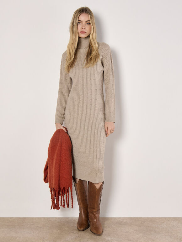 Roll Neck Kntted Midi Dress, Stone, large