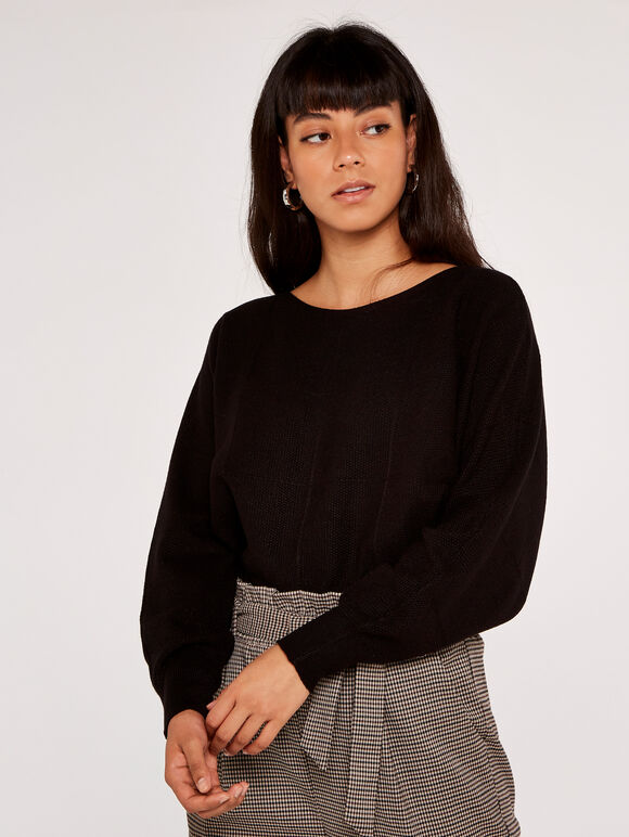 Strukturierter Pullover mit Fensterkaro, Schwarz, Größe L