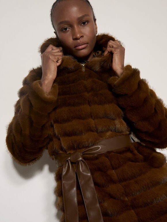 Faux Fur Panel Belted Coat, Brown, large