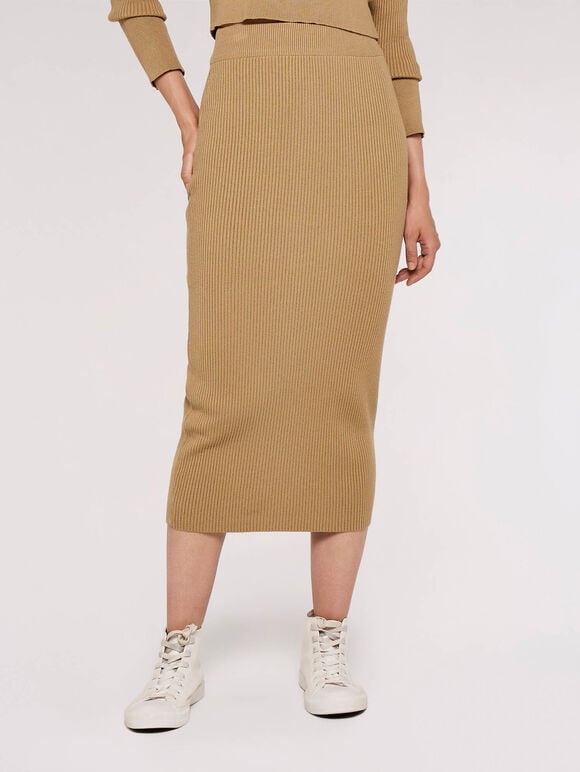 Ribbed Midi Skirt, Stone, large