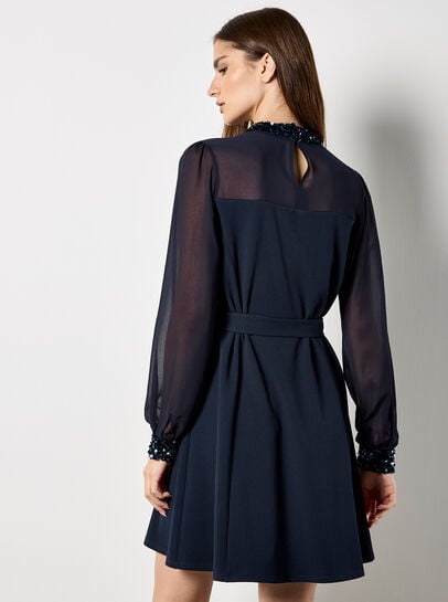 Sequin Trim Belted Mini Dress