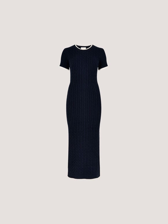 Cable Knit Contrast Trim Midi Dress, Navy, large