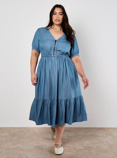 Denim Zip Tiered Midi Dress